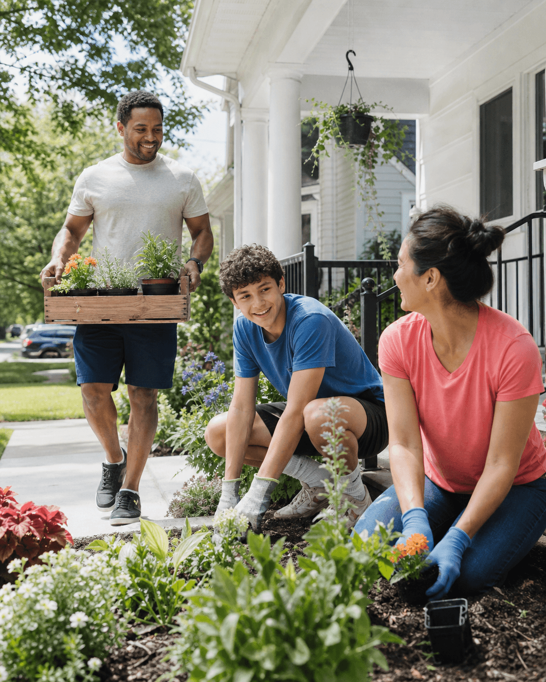 Neighbors gardening together outside a United States home