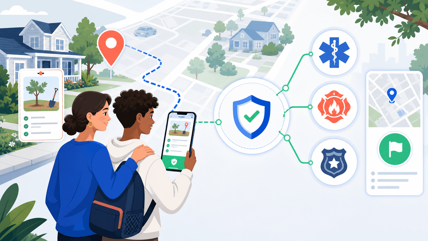 Illustration of a guardian and Young Helper connected to chore safety and emergency response tools