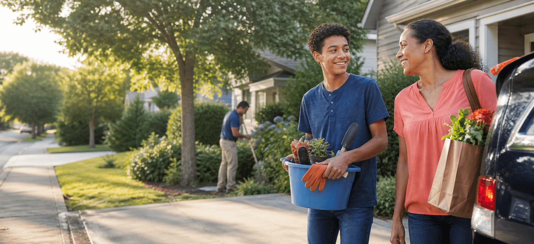 A working mother and teenage helper preparing gardening tools outside a suburban home